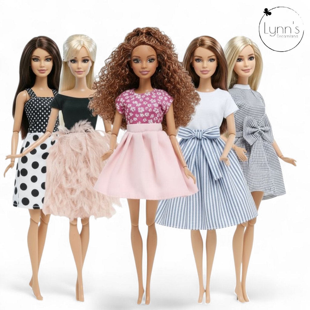 Lynn’s poppenkleertjes - Set ‘Madison’ - Geschikt voor modepop - Set van 5 jurken - Kleding voor modepoppen - Cadeauzakje